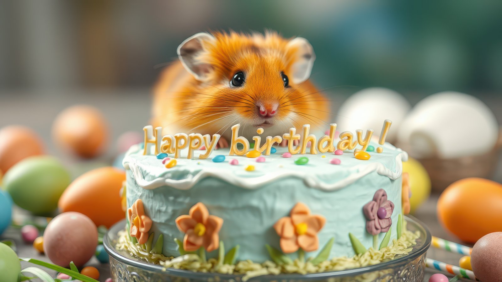 Hamster celebrates birthday with colorful cake and festive decorations in cheerful setting